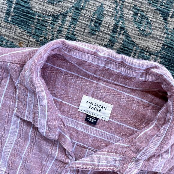 American Eagle Men's Pink & White Striped Short‎ Sleeve Button-Down Shirt Size L - Picture 3 of 8